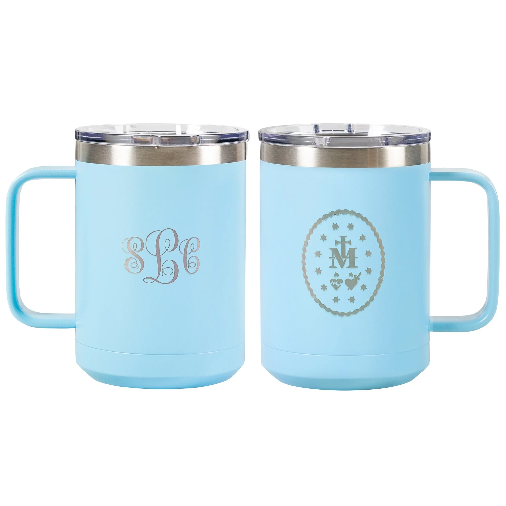 Personalized Miraculous Medal Blue Travel Mug - Image 3
