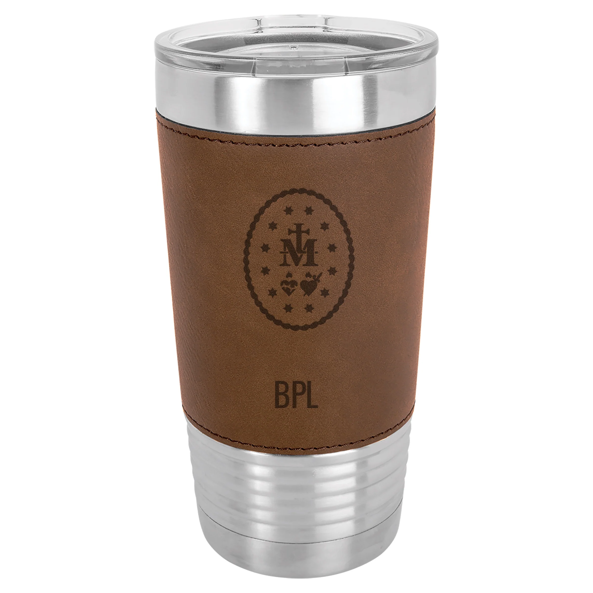 Personalized Miraculous Medal Stainless Steel & Leather Tumbler - Image 2