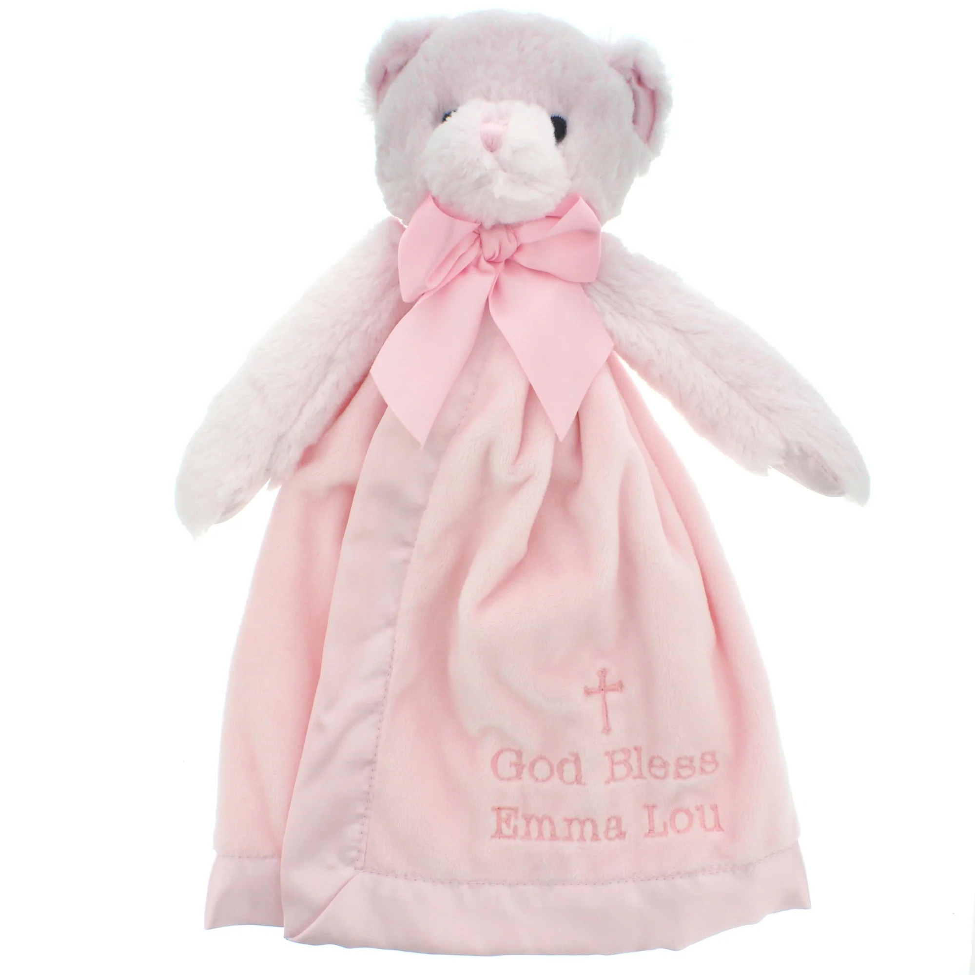 Personalized Pink "God Bless You" Bear Snuggler