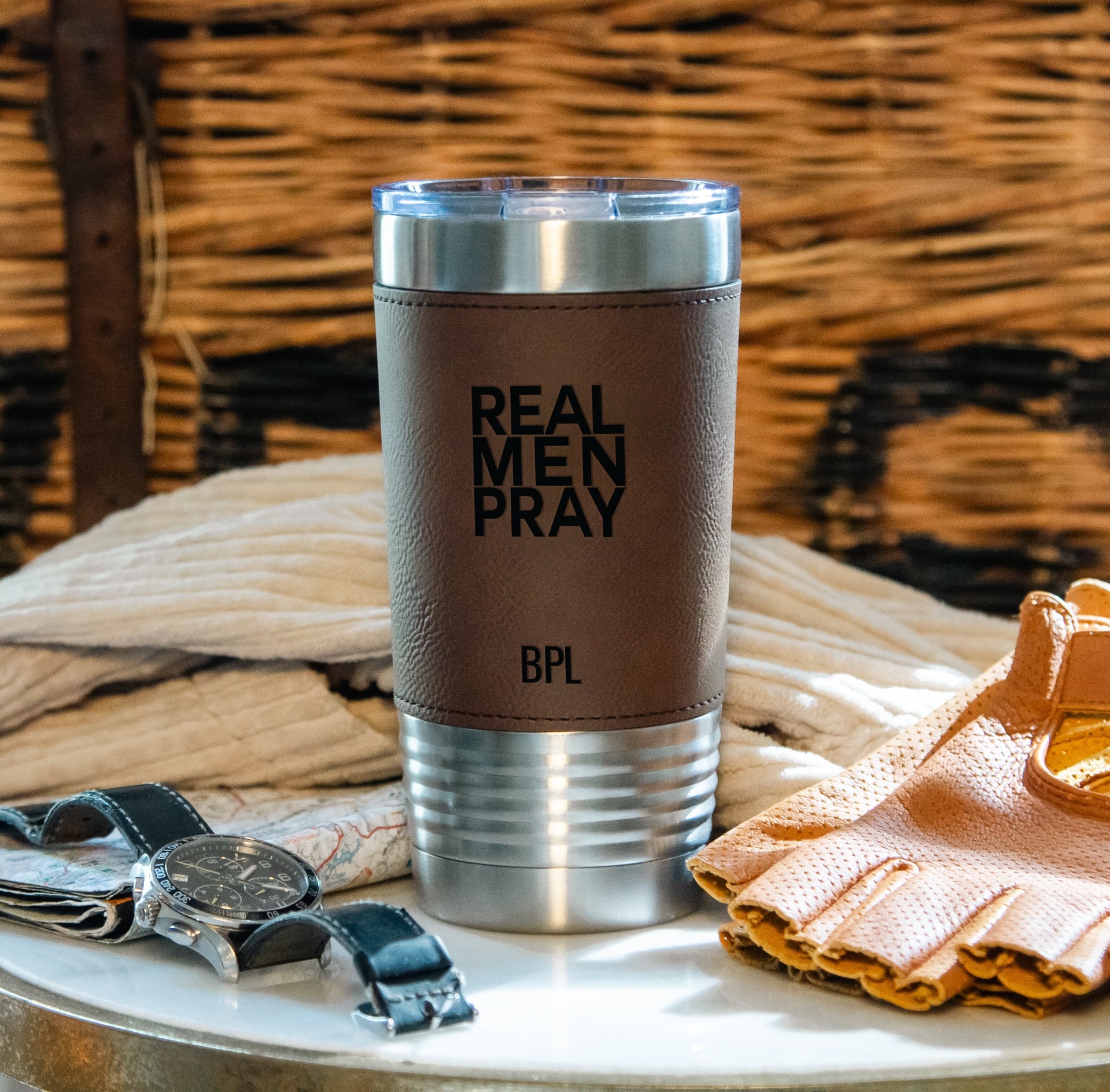 Personalized Real Men Pray Stainless Steel & Leather Tumbler