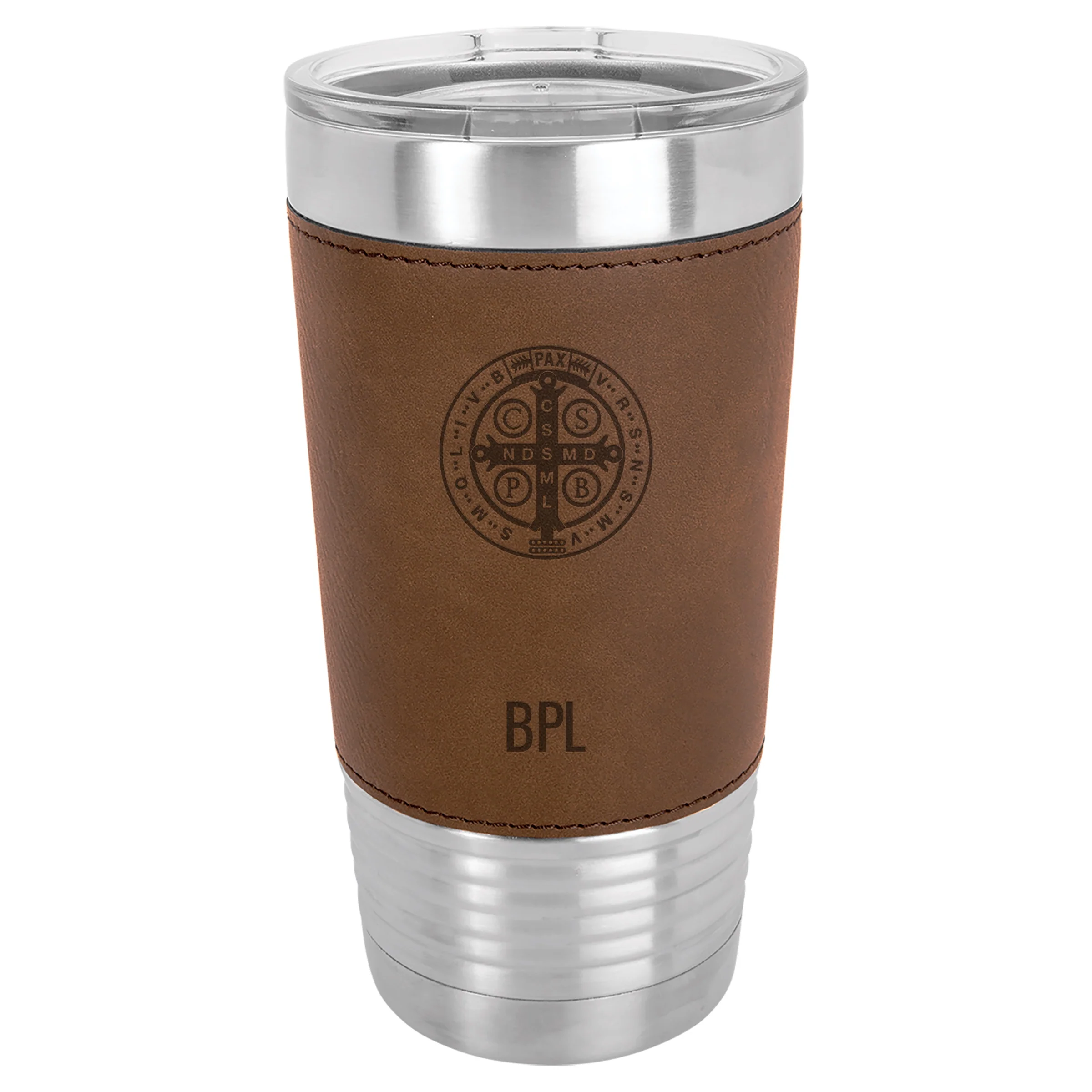 Personalized St. Benedict Stainless Steel & Leather Tumbler - Image 2