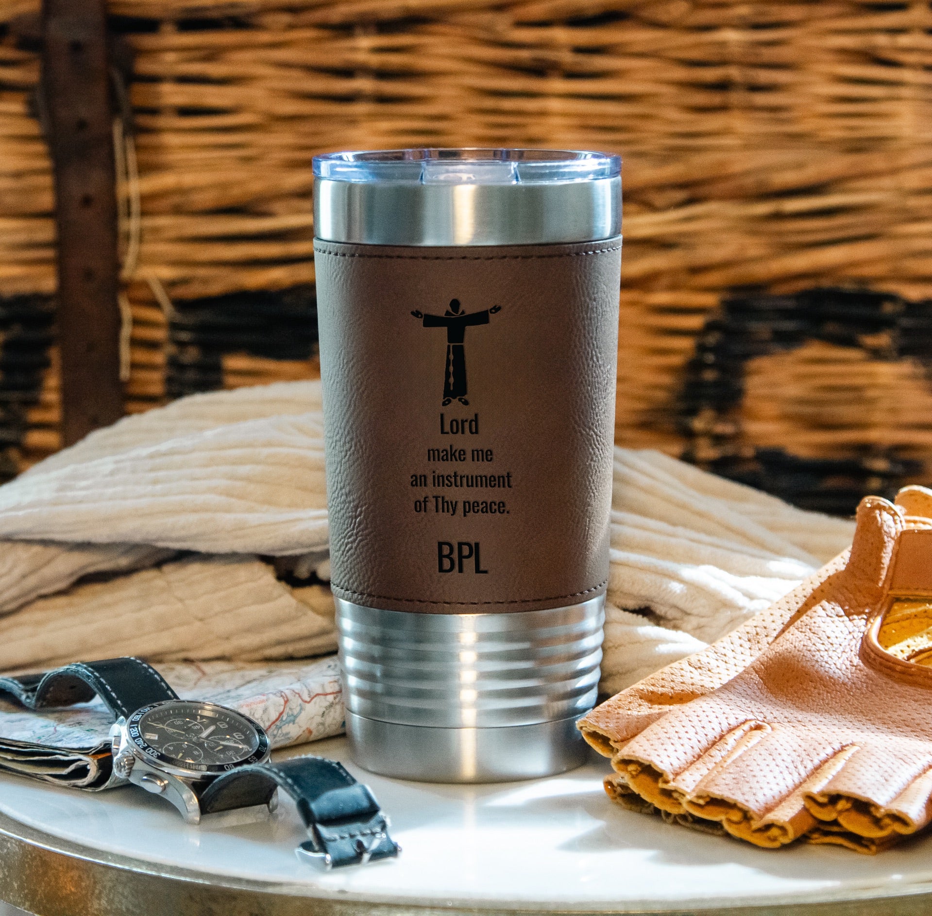Personalized St. Francis Stainless Steel & Leather Tumbler