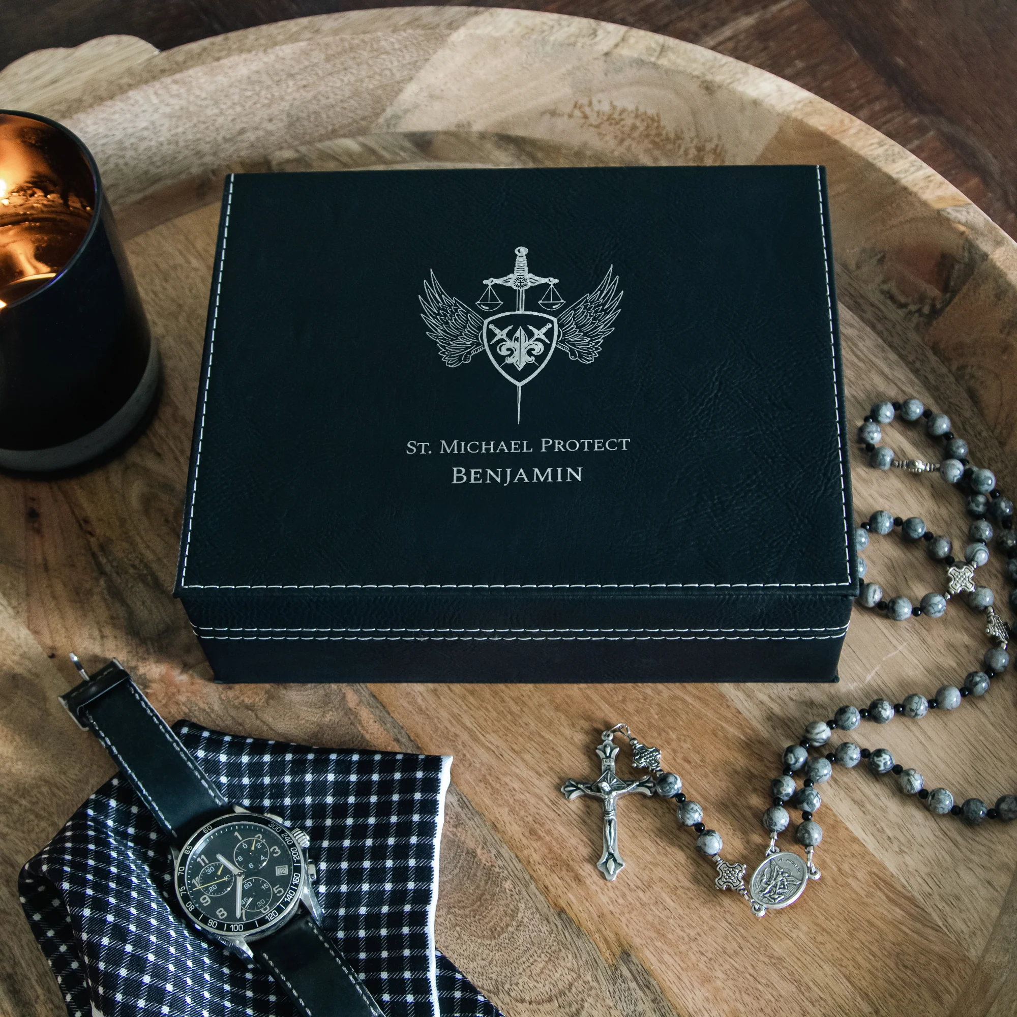 Personalized St. Michael Black Leatherette Keepsake Box