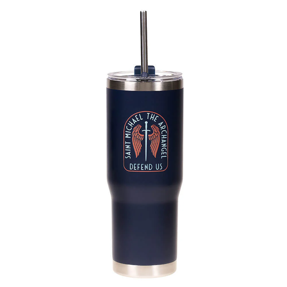 Personalized St. Michael Sword & Shield Tumbler with Straw - Image 2