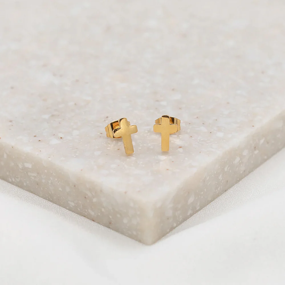 Petite Cross Stud Earrings - Gold or Silver - Image 2