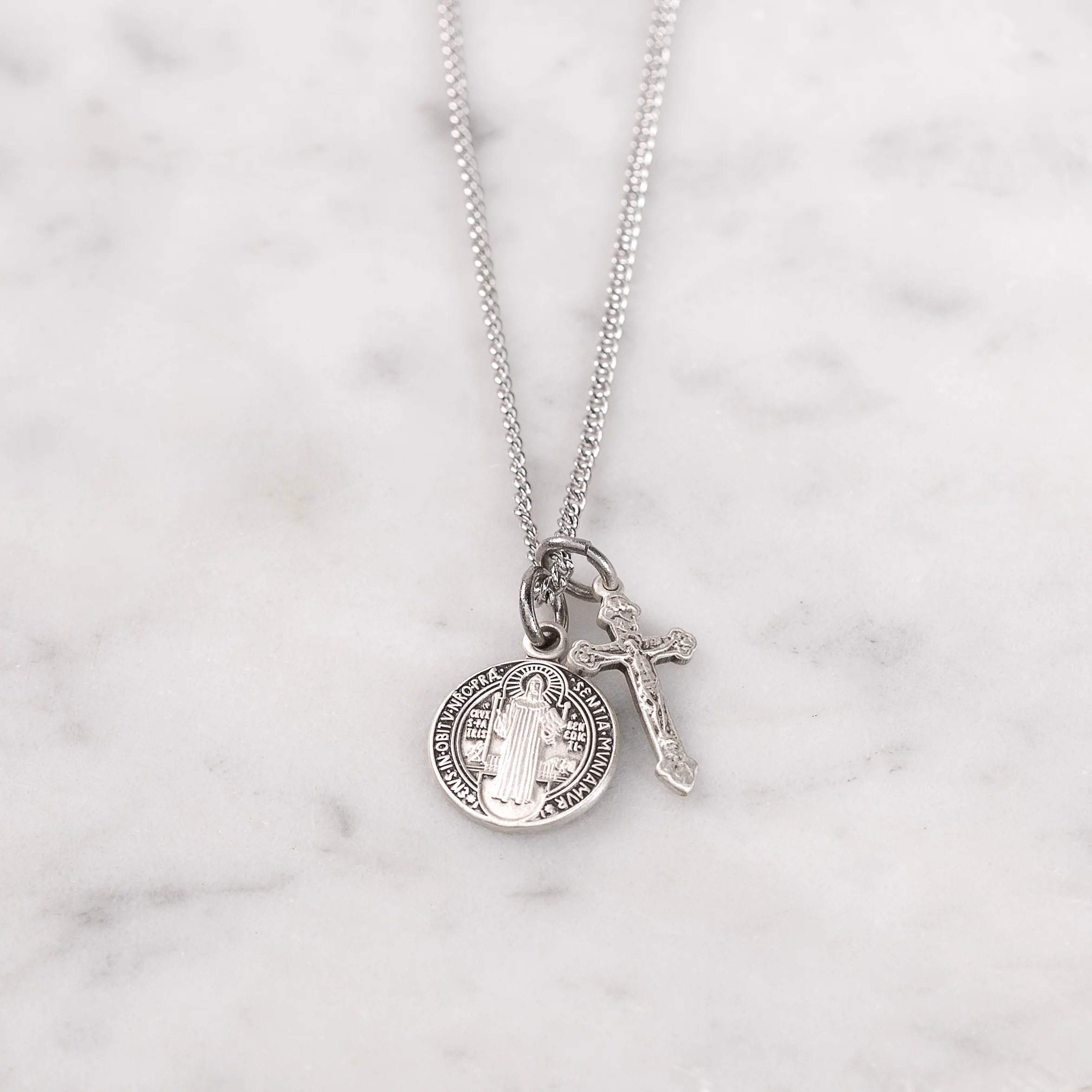 Petite St. Benedict Medal & Crucifix Necklace - Gold or Silver - Image 3