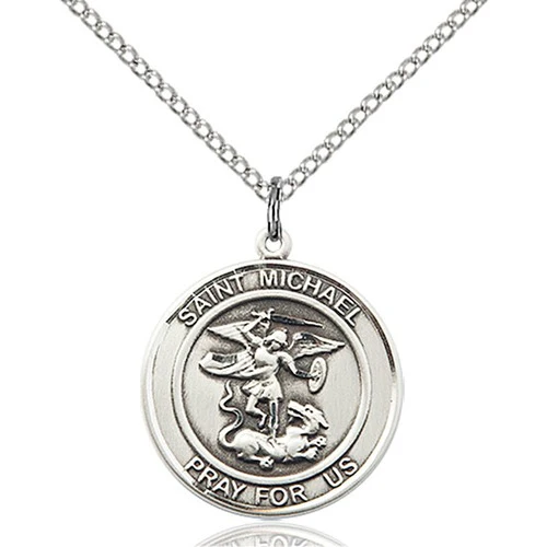 Petite St. Michael Round Pray For Us Necklace - Silver or Gold - Image 2