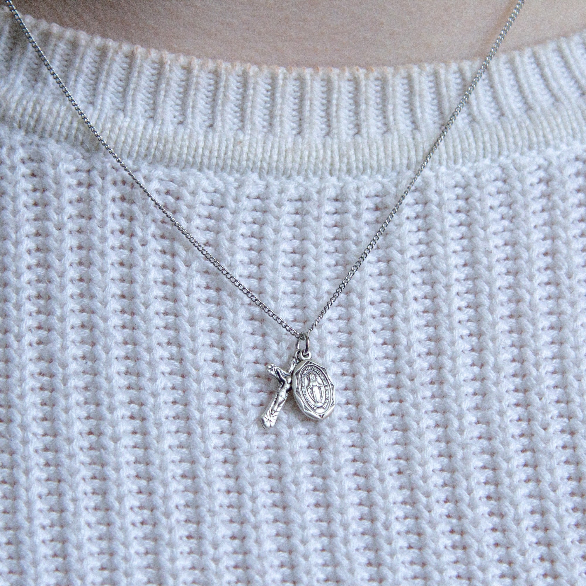 Petite Sterling Miraculous Medal & Crucifix Necklace - Image 3