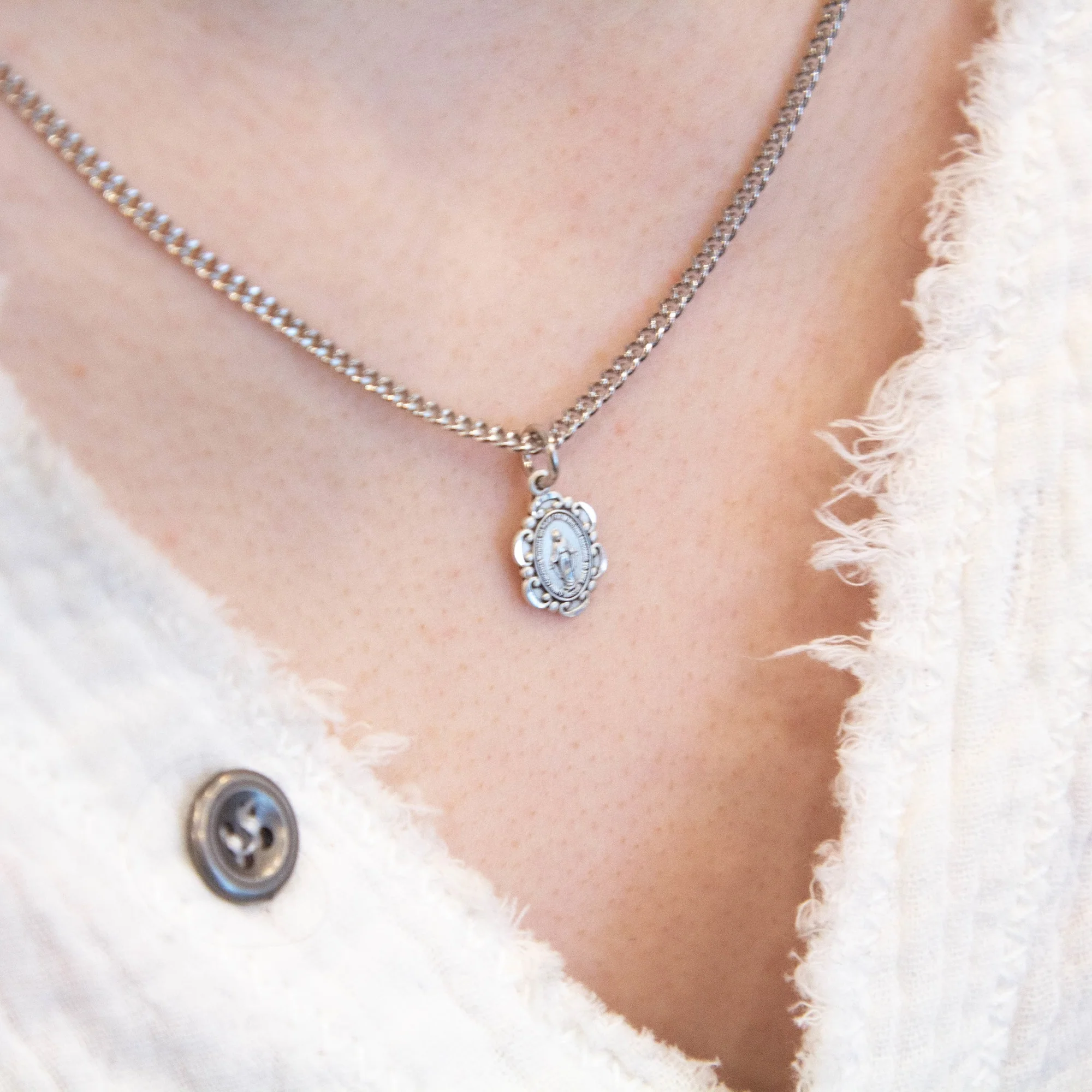 Petite Sterling Scalloped Miraculous Medal Necklace - Image 3