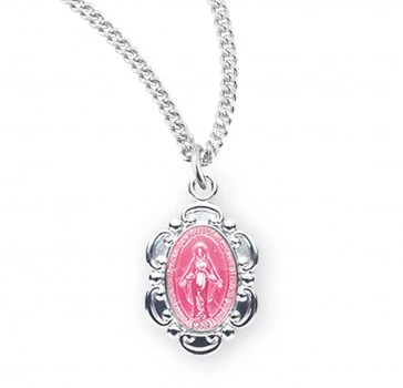 Petite Sterling Silver Pink Scalloped Miraculous Medal Necklace