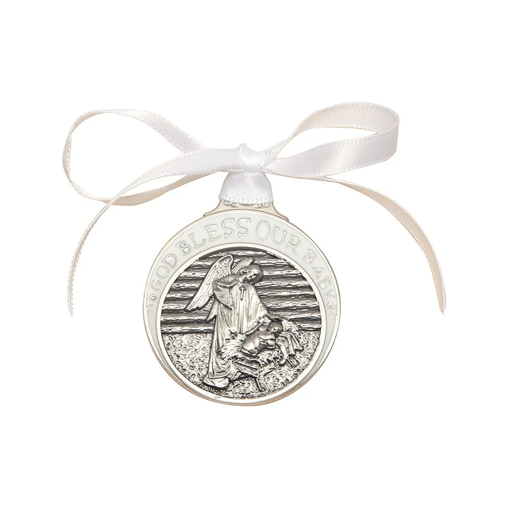 Pewter Baby in Manger Crib Medal on White Satin Ribbon