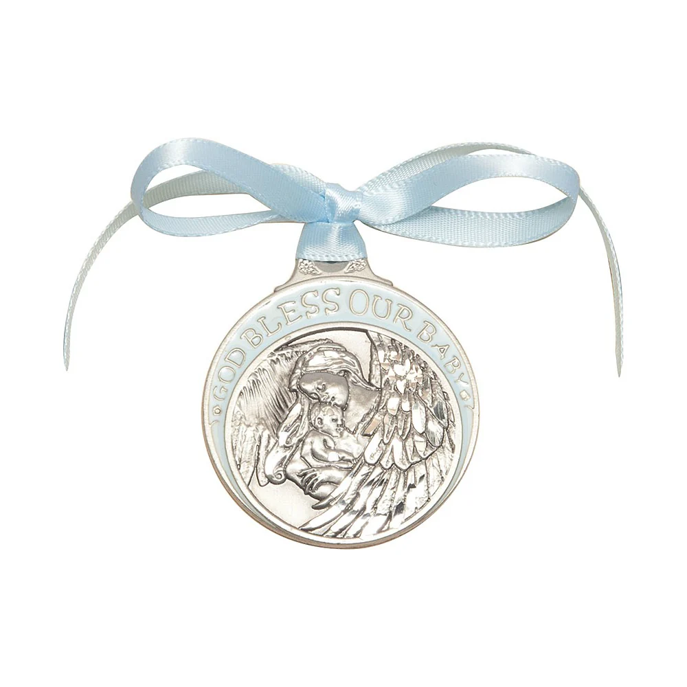 Guardian Angel Baby Blessing Crib Medal – Blue or Pink Ribbon