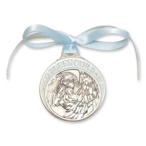 Guardian Angel Baby Blessing Crib Medal – Blue or Pink Ribbon - Image 2