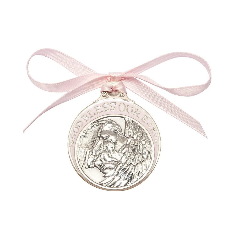 Guardian Angel Baby Blessing Crib Medal – Blue or Pink Ribbon - Image 3