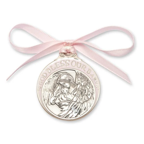 Guardian Angel Baby Blessing Crib Medal – Blue or Pink Ribbon - Image 4