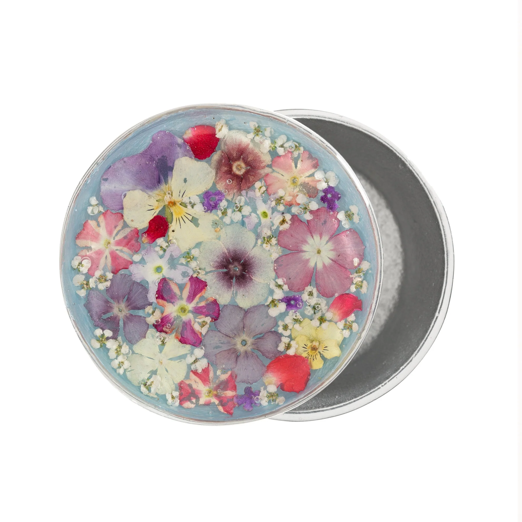 Pewter Rosary Box with Pressed Flowers