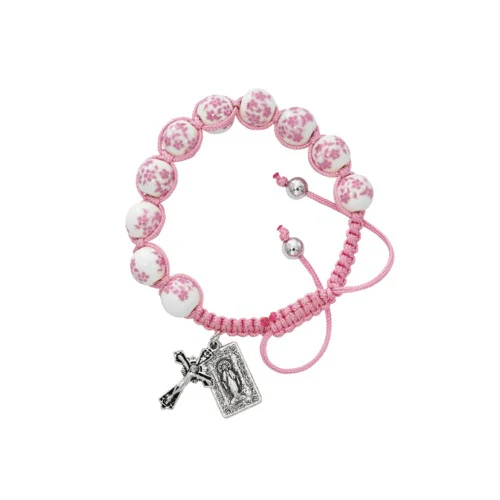 Pink Ceramic Bead Corded Rosary Bracelet
