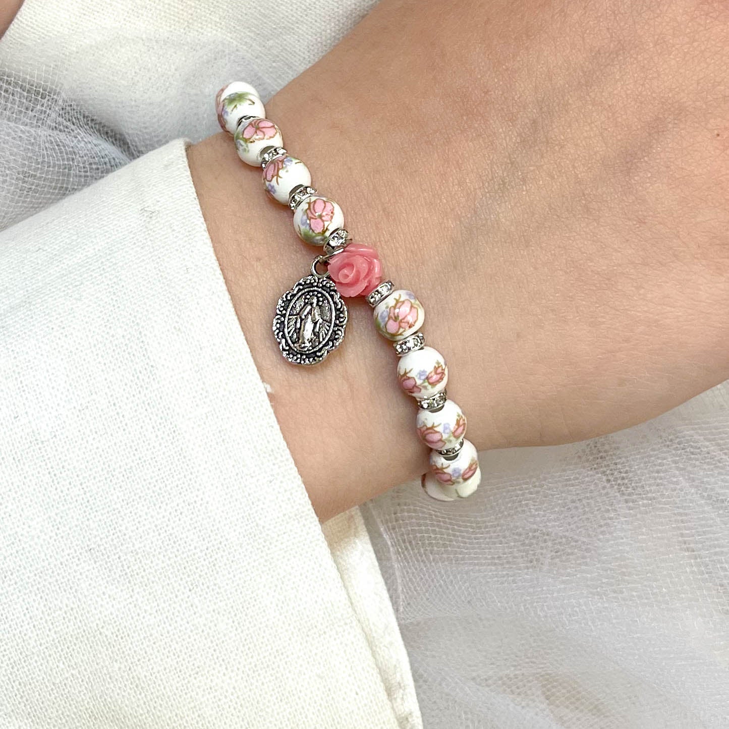 Pink Ceramic Rose Stretch Bracelet