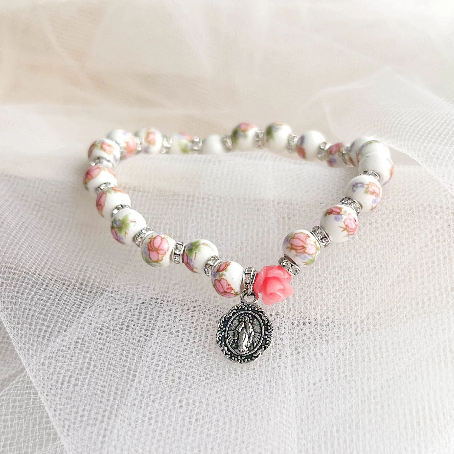 Pink Ceramic Rose Stretch Bracelet - Image 2