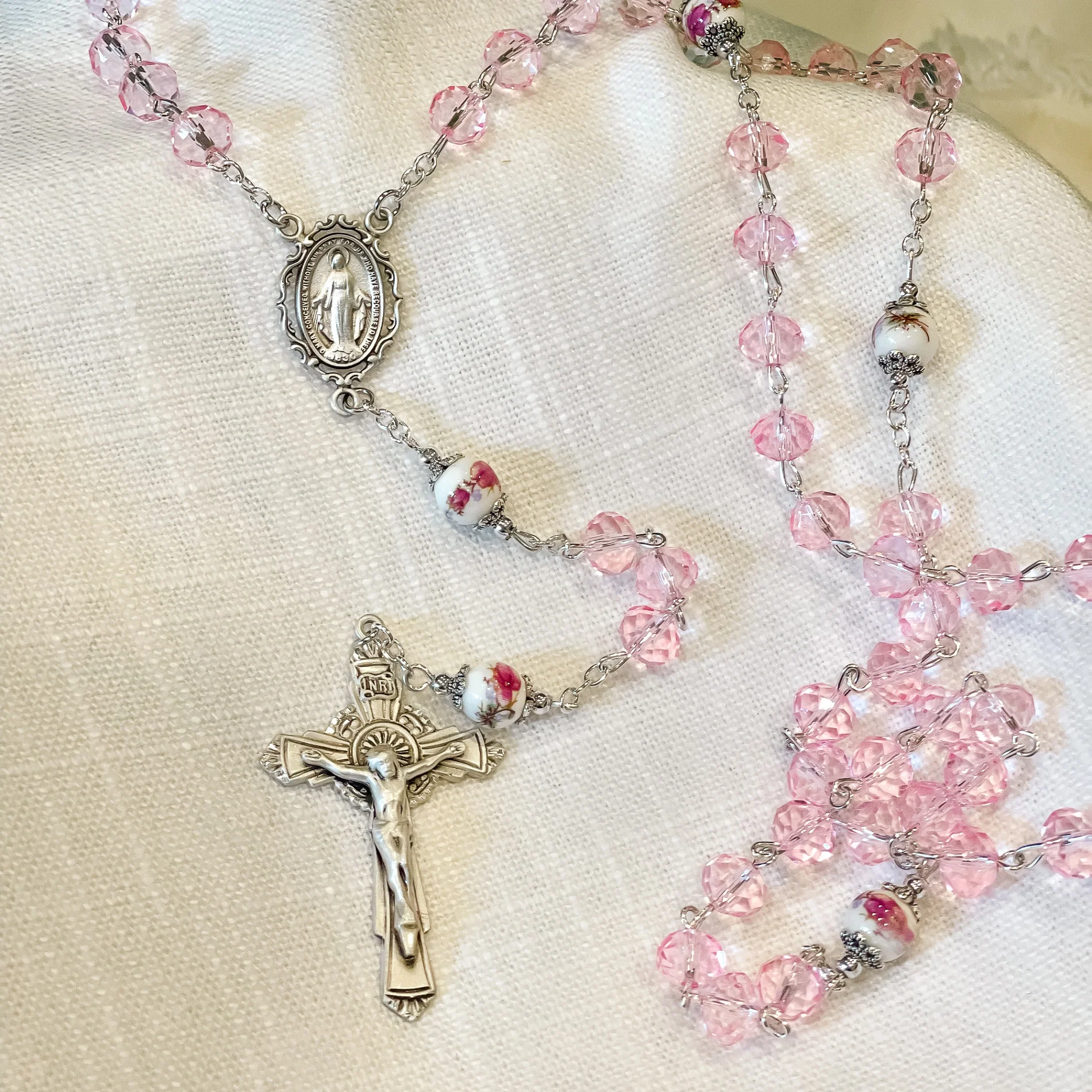 Pink Crystal Sterling Silver Miraculous Medal Rosary