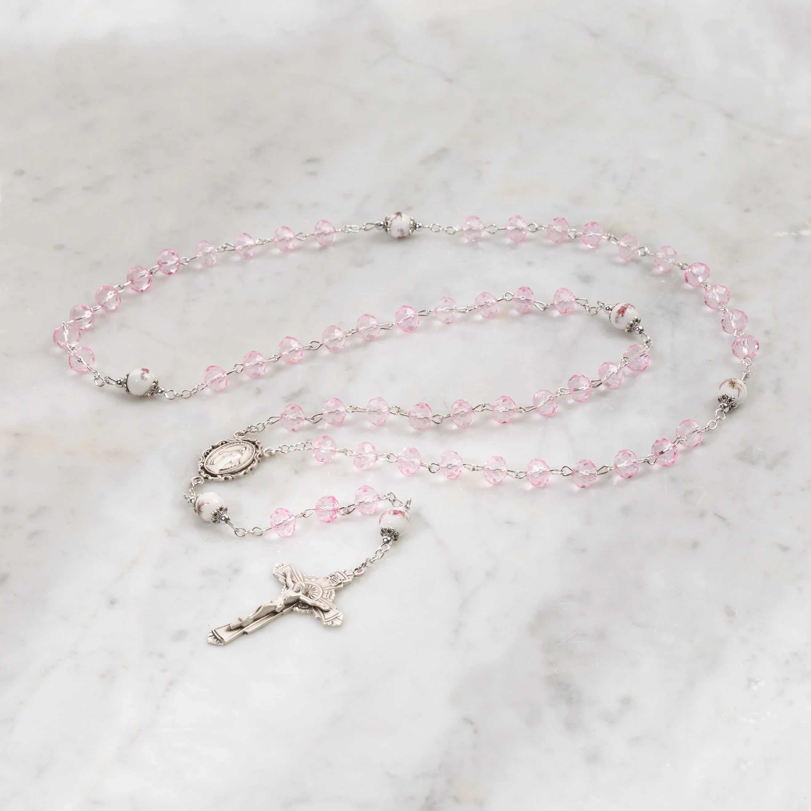 Pink Crystal Sterling Silver Miraculous Medal Rosary - Image 2