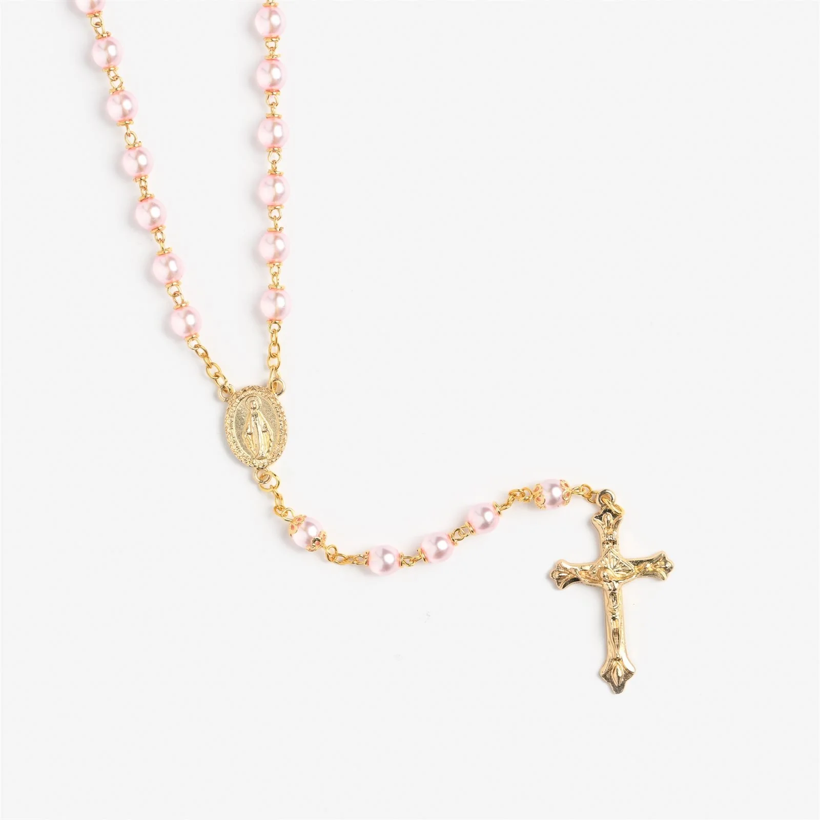 Translucent Pink Pearl & Gold Miraculous Medal Rosary