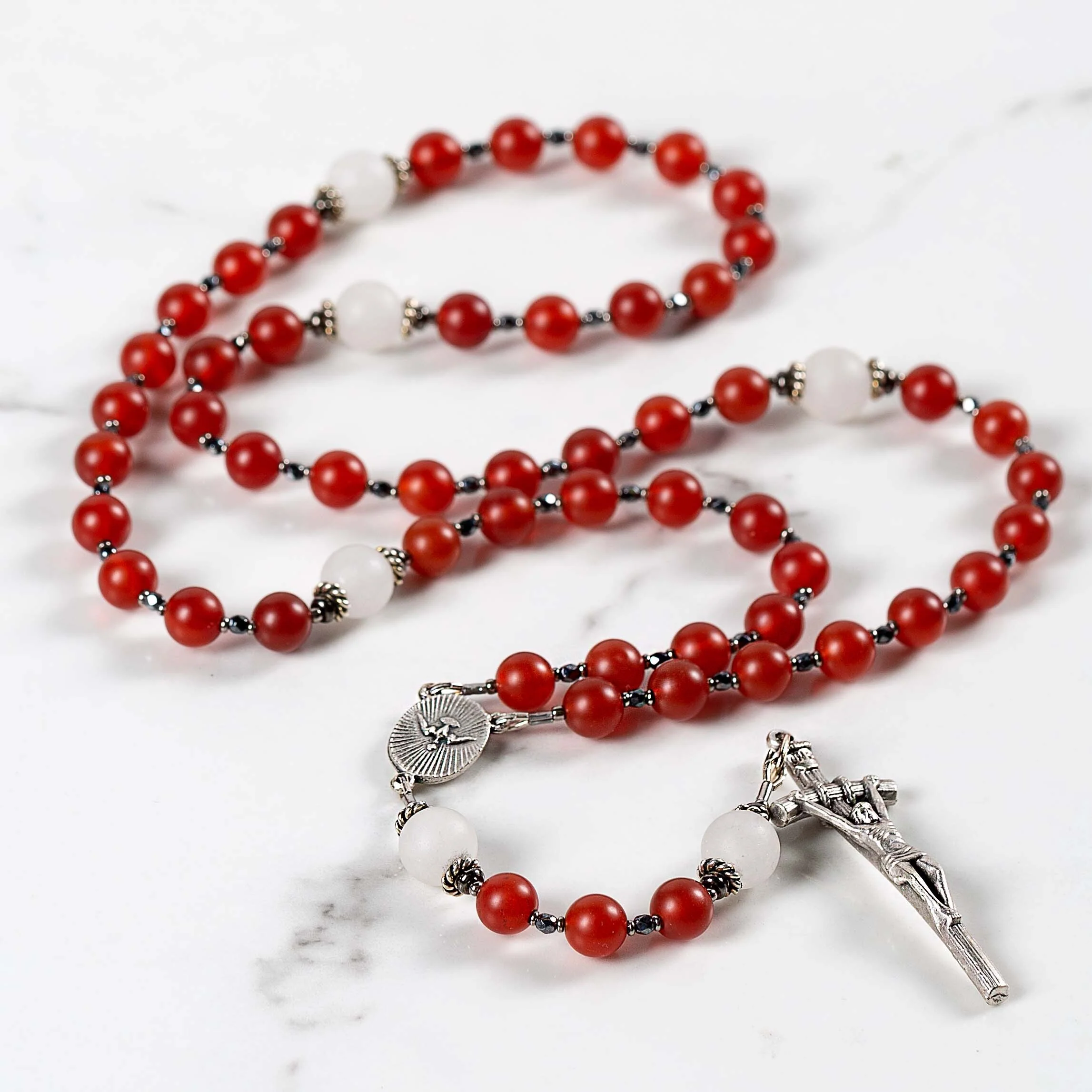 Pope Leo XIV Red Carnelian & White Jade Holy Spirit Rosary