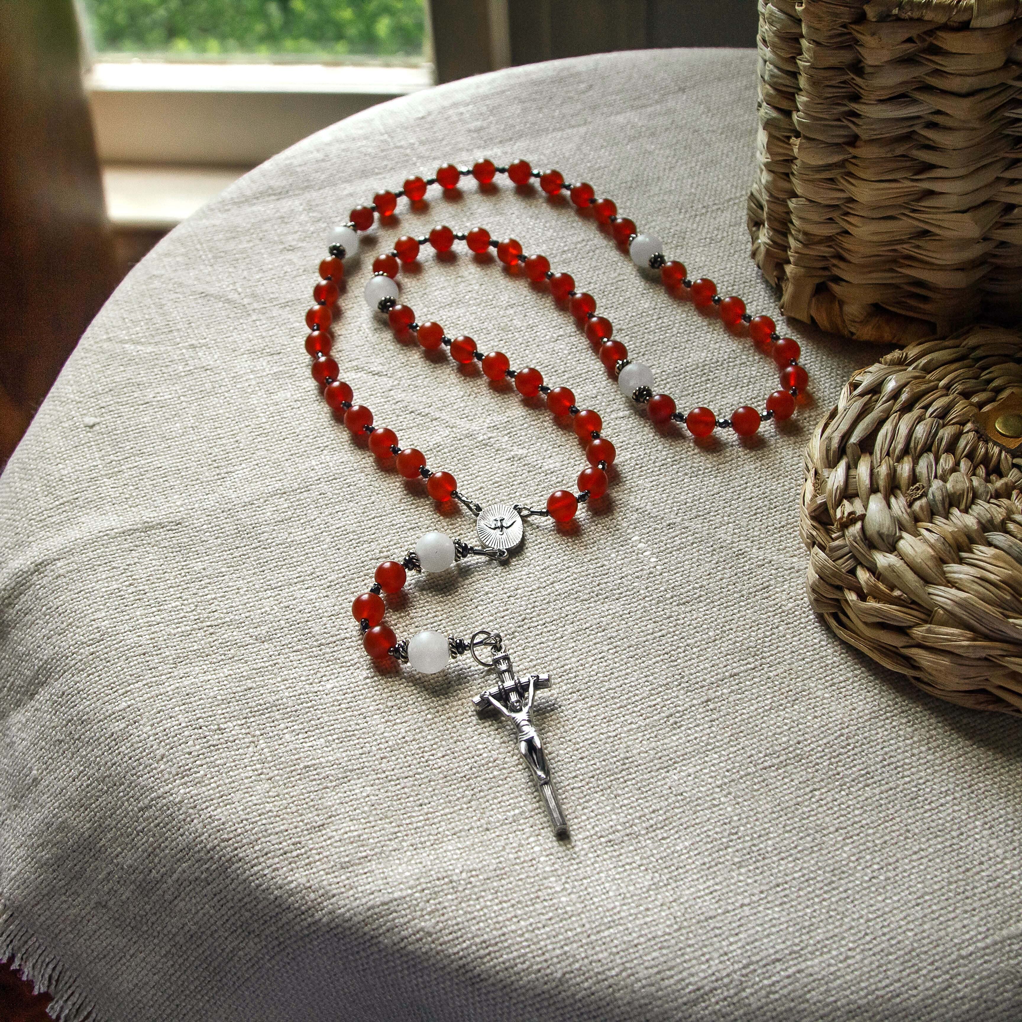 Pope Leo XIV Red Carnelian & White Jade Holy Spirit Rosary - Image 4