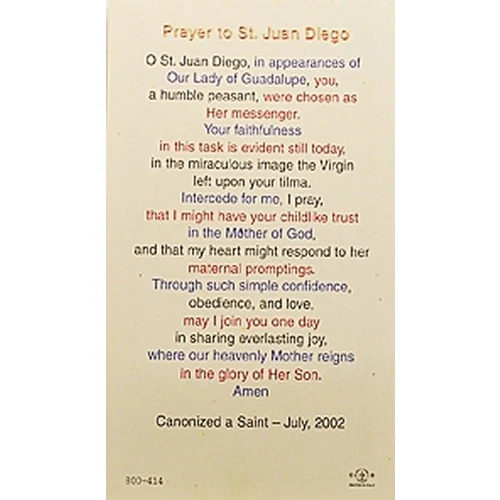 Prayer to St. Juan Diego with Our Lady of Guadalupe - Prayer Card - Image 2
