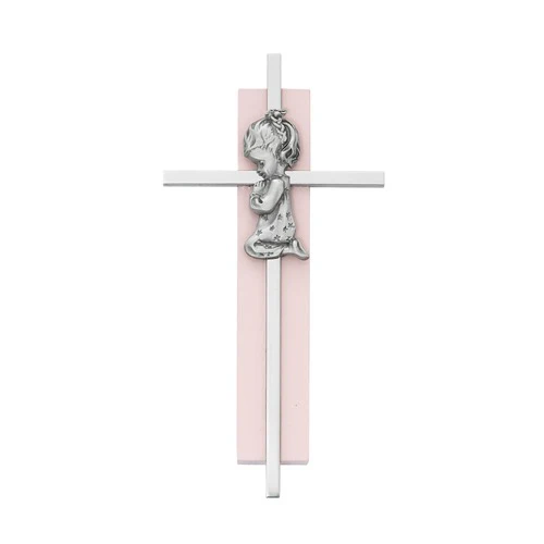 Praying Child Pewter Cross on Colored Wood – Blue or Pink