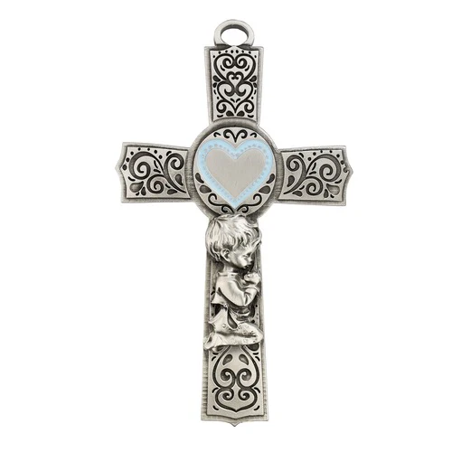 Praying Child Pewter Cross with Pastel Heart