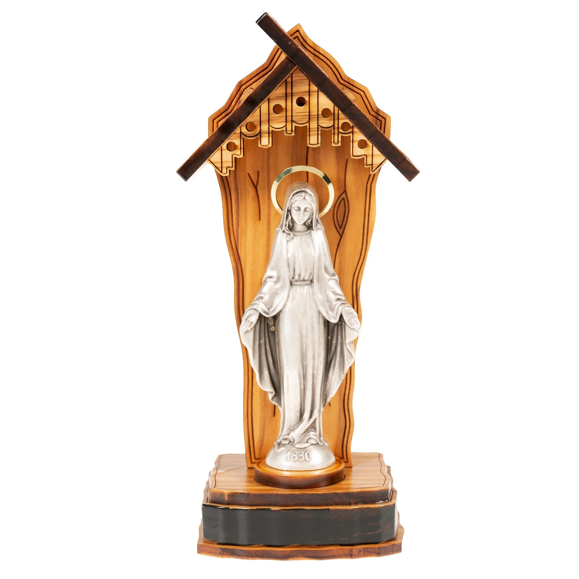 Praying Madonna Wood Shrine with LED Light - Image 2