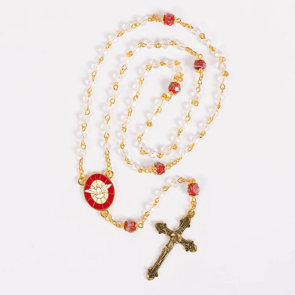 Red Crystal Aurora Borealis Confirmation Rosary With Dove Centerpiece