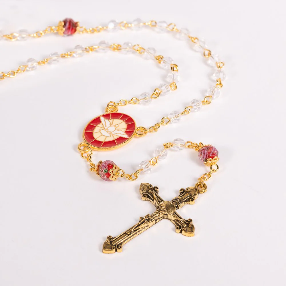 Red Crystal Aurora Borealis Confirmation Rosary With Dove Centerpiece - Image 2