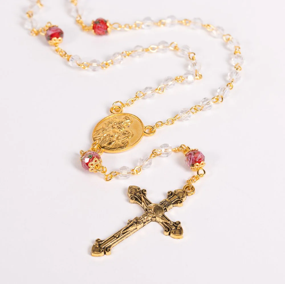 Red Crystal Aurora Borealis Confirmation Rosary With Dove Centerpiece - Image 3