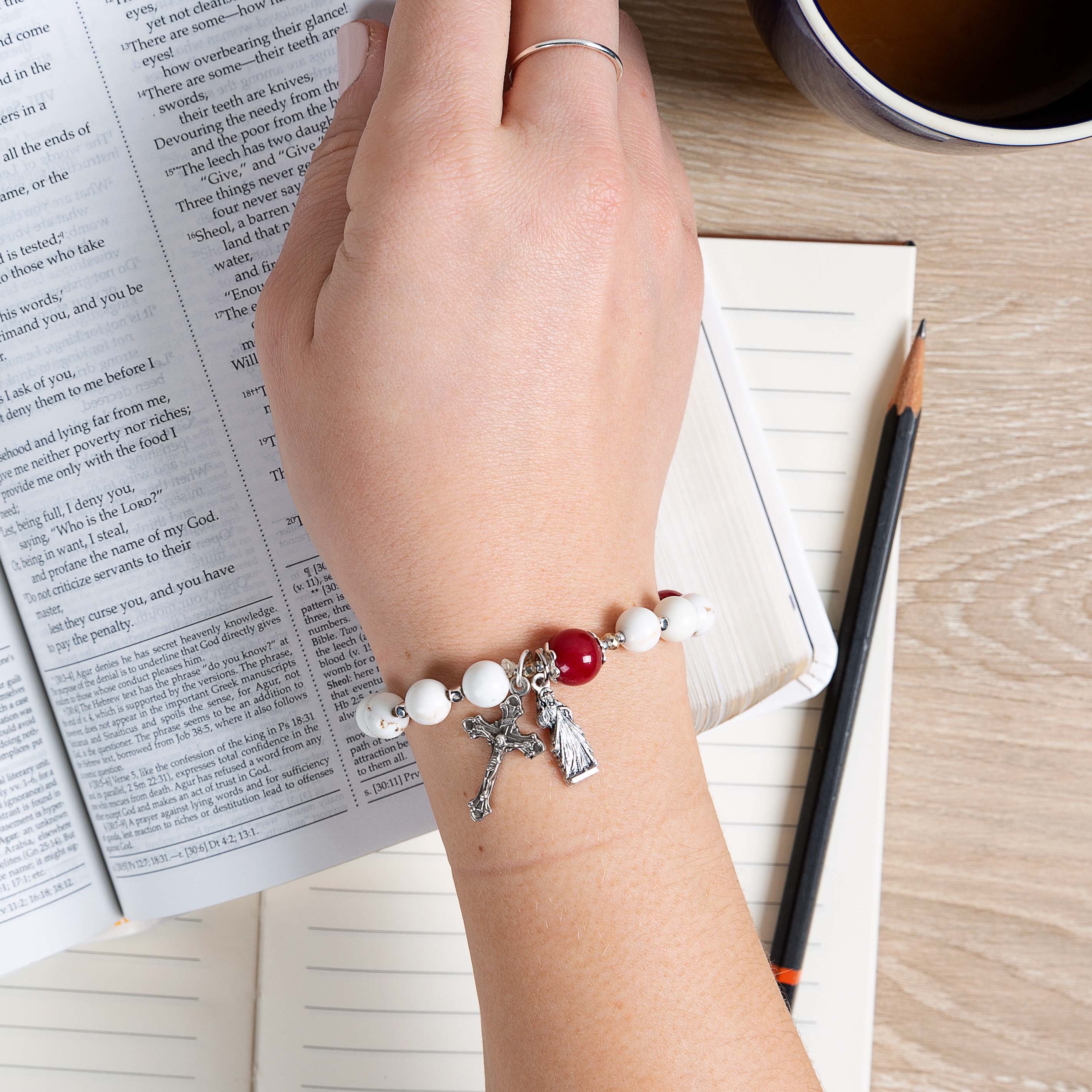 Red Jade & Magnesite Divine Mercy Rosary Bracelet - Image 2