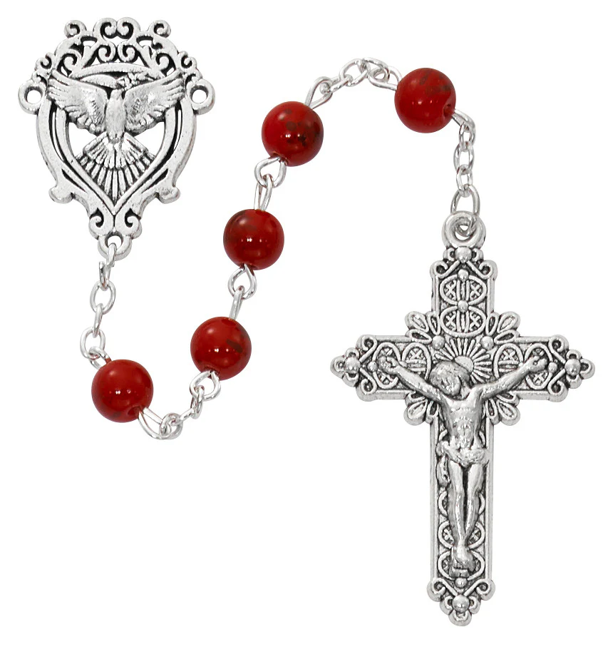 Red Marbled Glass Holy Spirit Rosary - Image 2