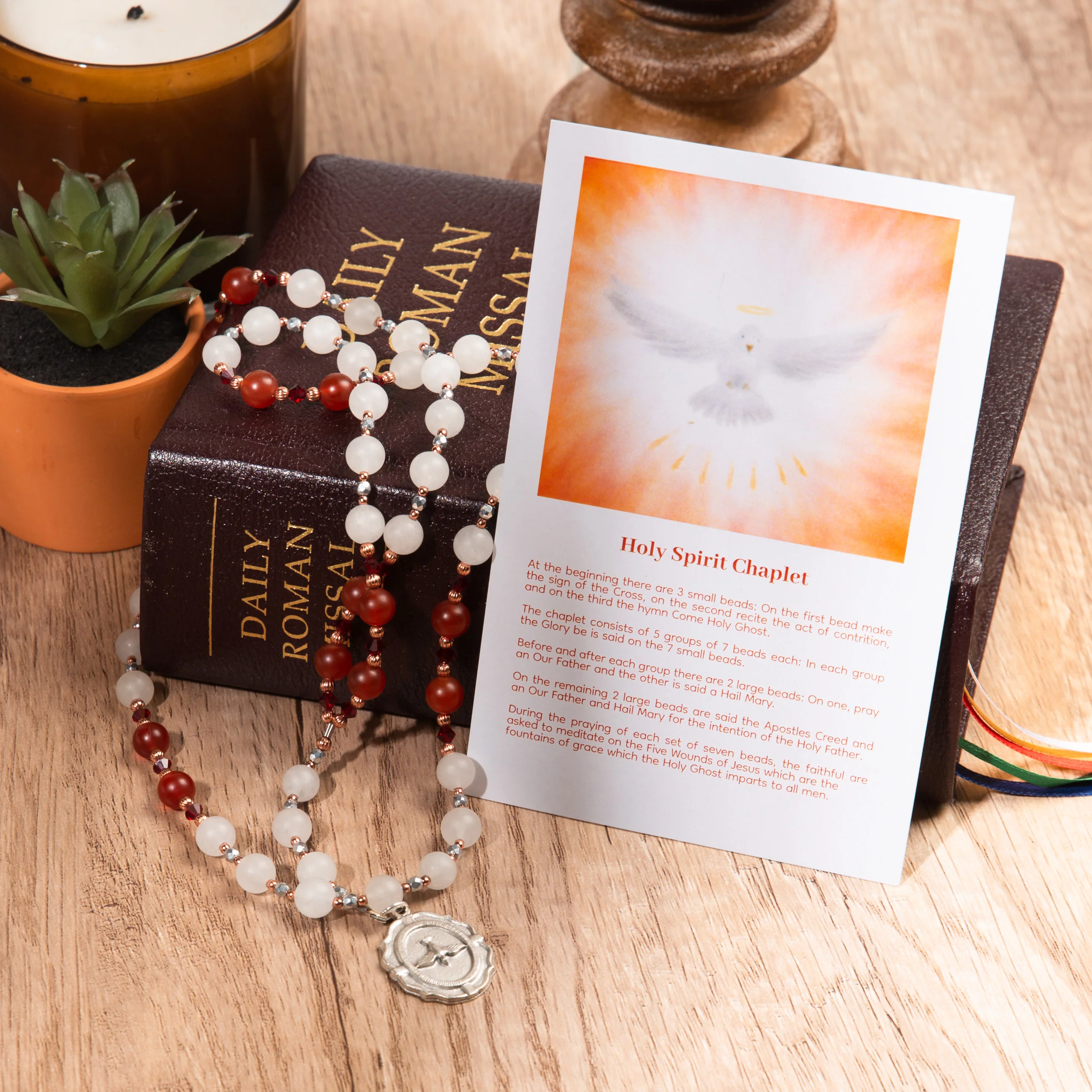 Red & White Carnelian Holy Spirit Chaplet & Daily Meditations With the Holy Spirit Book (Gift Set) - Image 2
