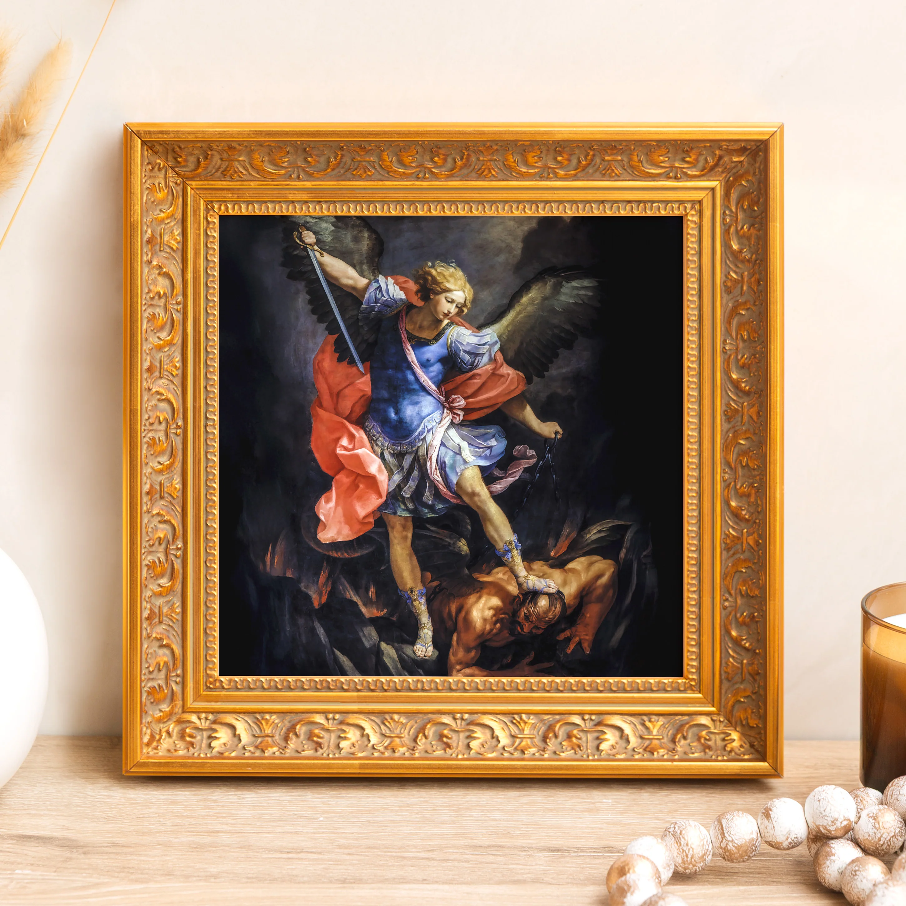 Reni's Archangel Michael Defeating Satan Framed Canvas - Sacred Mini Collection