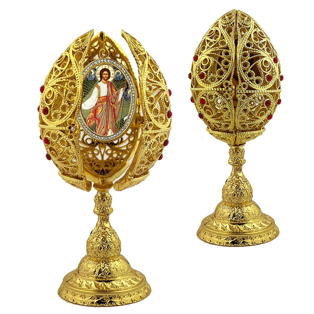 Resurrection Icon Golden Egg Triptych on Stand
