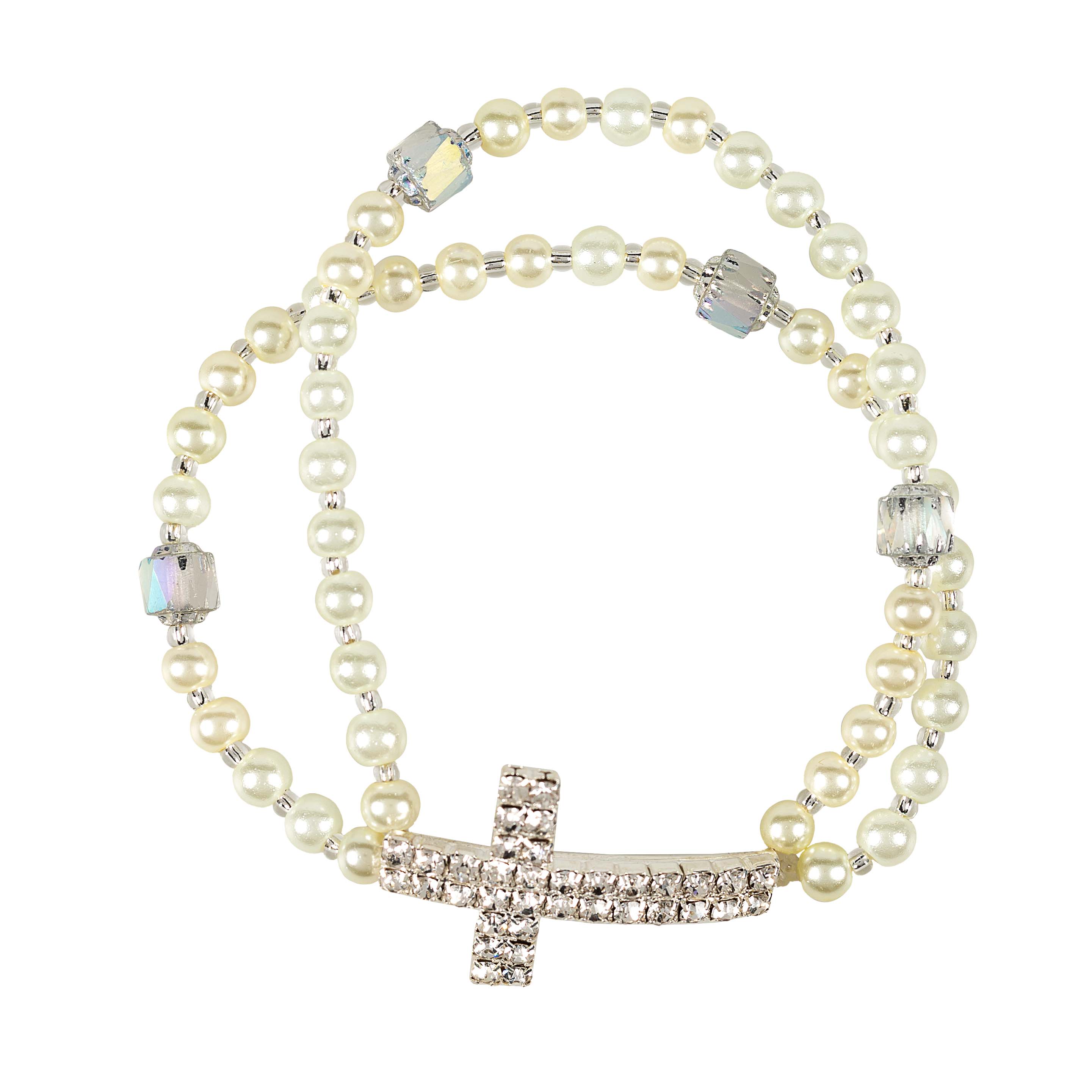 Rhinestone Cross & Pearl First Communion Rosary Bracelet - Image 2