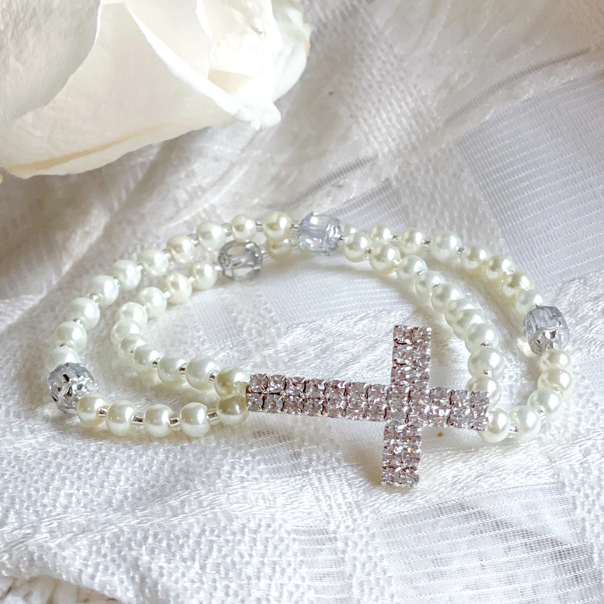 Rhinestone Cross & Pearl First Communion Rosary Bracelet - Image 5