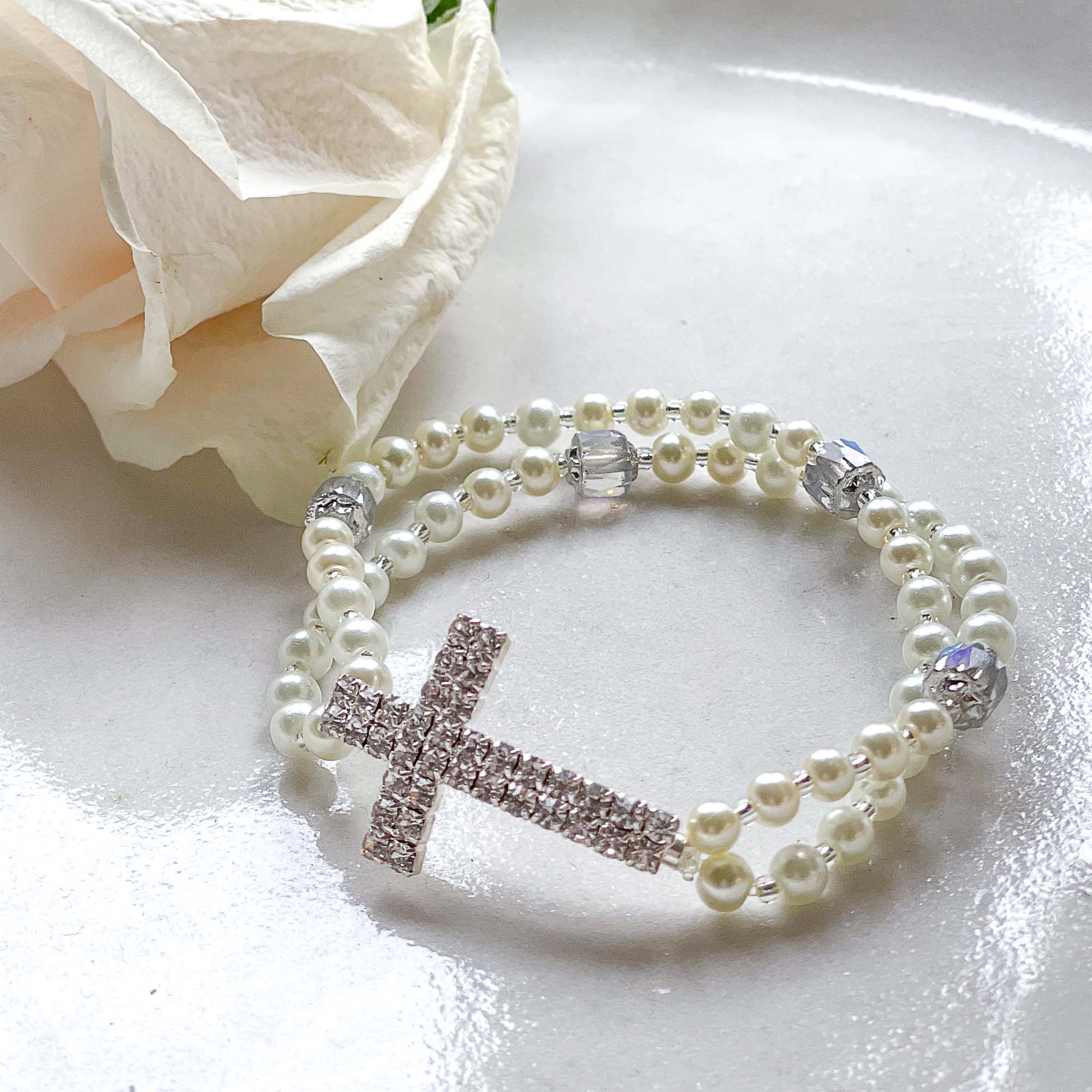 Rhinestone Cross & Pearl First Communion Rosary Bracelet - Image 6