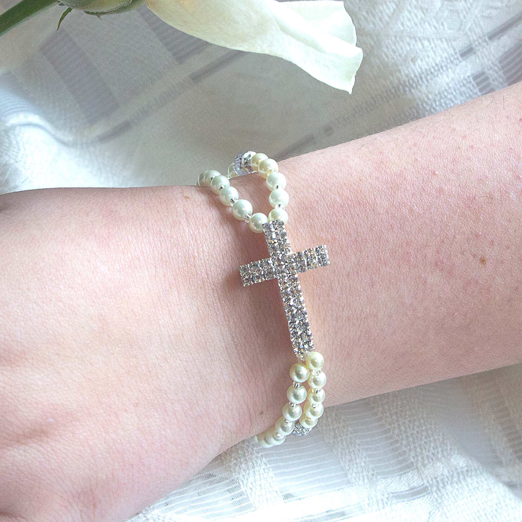 Rhinestone Cross & Pearl First Communion Rosary Bracelet - Image 7
