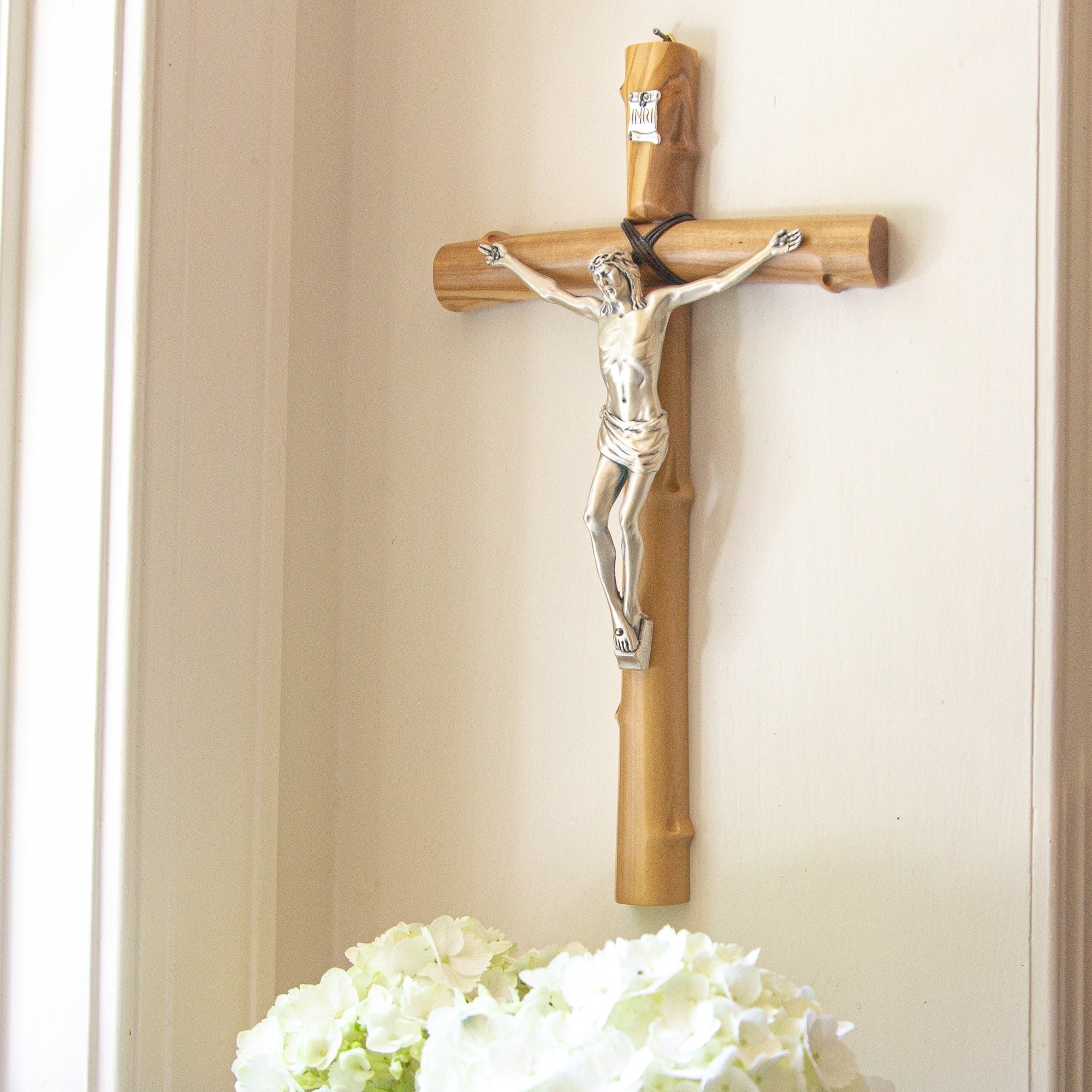 Roped Olive Wood Crucifix - 12"
