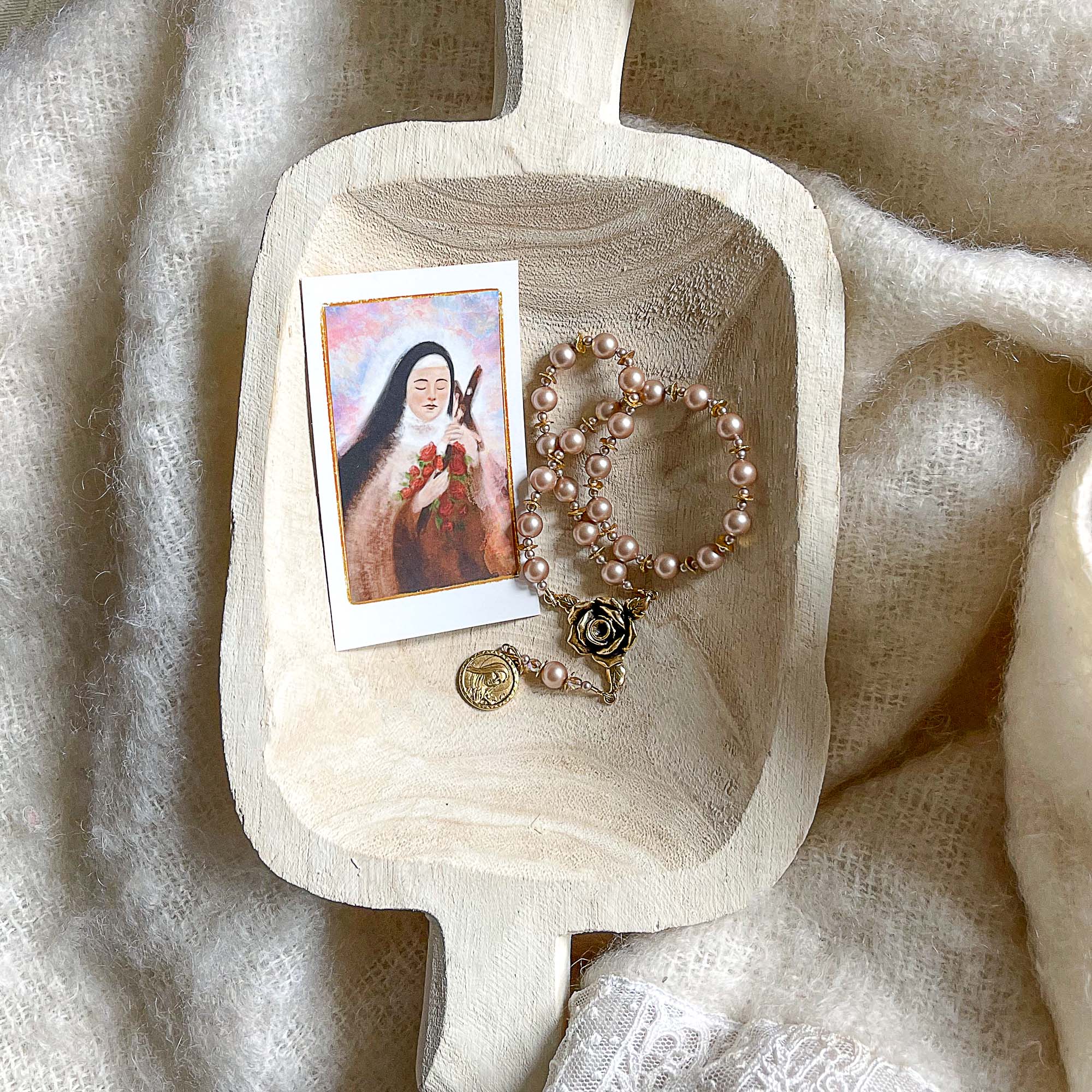 Rose & Antique Gold Chaplet of St. Therese the Little Flower - Image 4