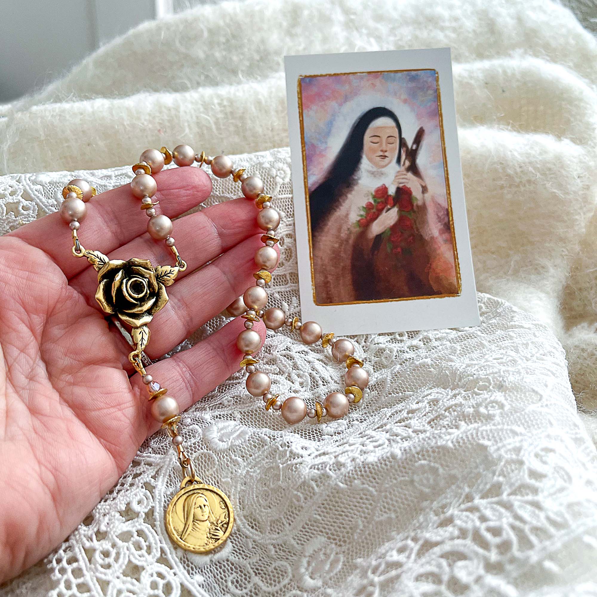 Rose & Antique Gold Chaplet of St. Therese the Little Flower - Image 5