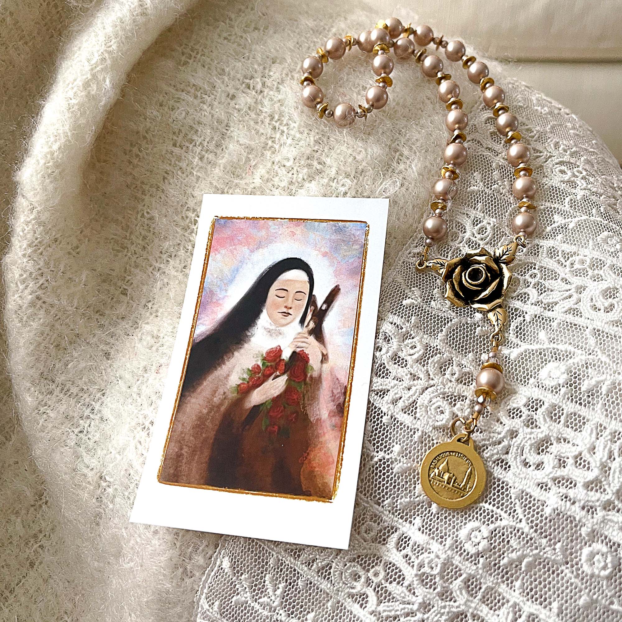 Rose & Antique Gold Chaplet of St. Therese the Little Flower - Image 6
