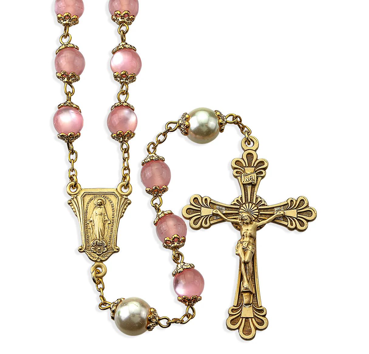 Rose Cats Eye & Pearl Miraculous Medal Rosary - Image 2