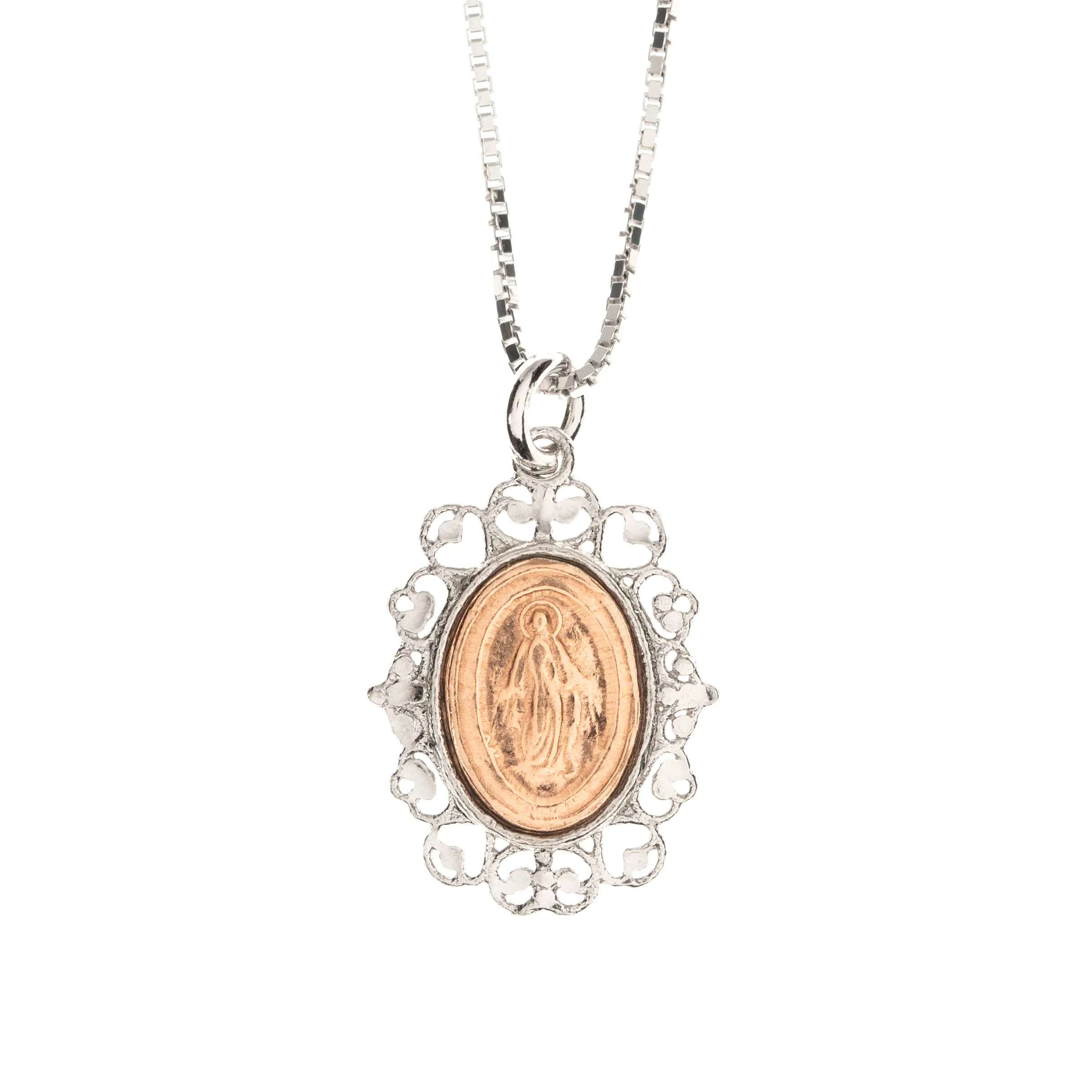 Rose Gold & Sterling Silver Border Miraculous Medal Necklace - Image 2